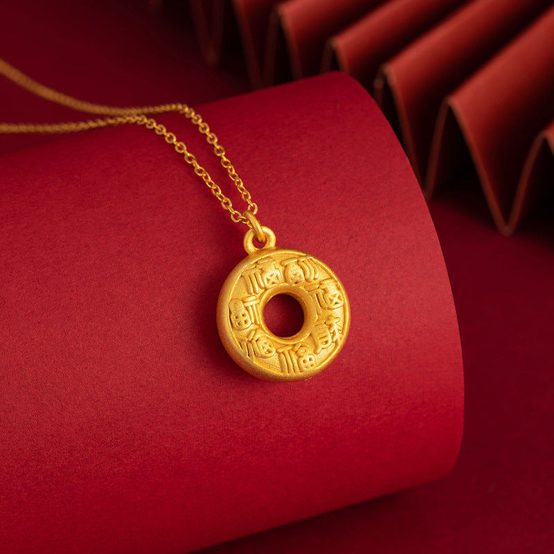 Lucky Love with Pure Silver 999 Necklace New Chinese National Fashion Copper Coin Clavicle Chain Ins Light Luxury Style Safety Buckle Pendant
