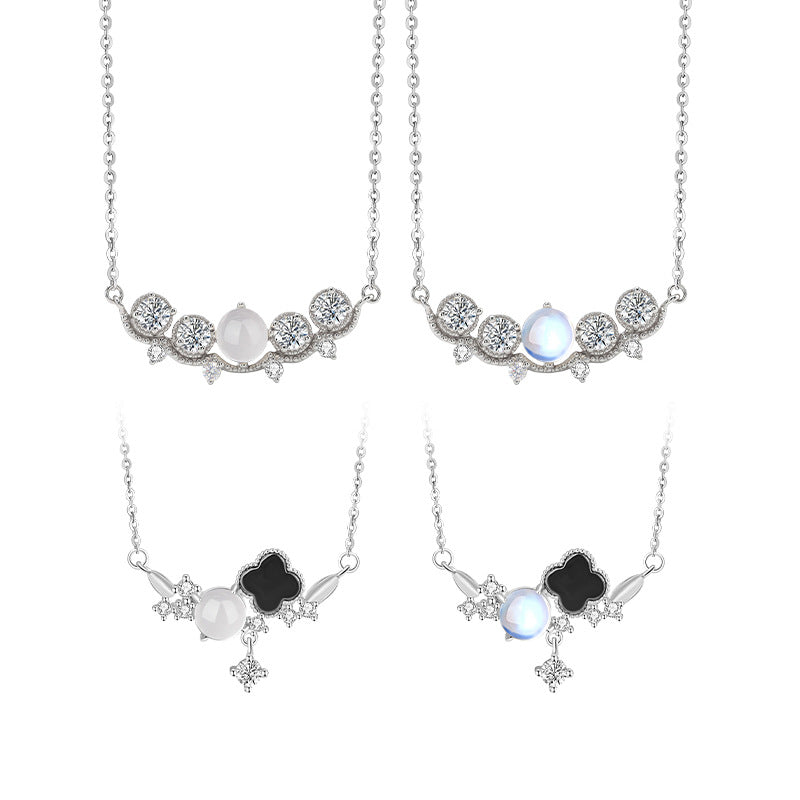 New S925 Silver Clover Necklace Moonstone Natural White Agate Pendant Small Fresh Clavicle Chain Light Luxury Silver Jewelry