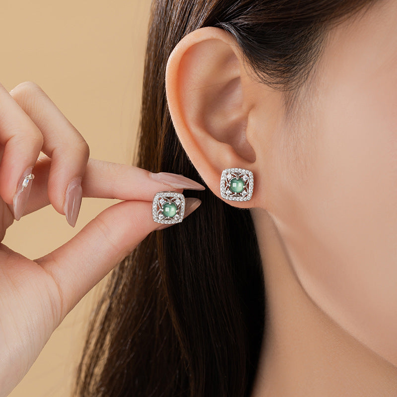Orecchini a lobo in argento sterling 925 – quadrifoglio e giada