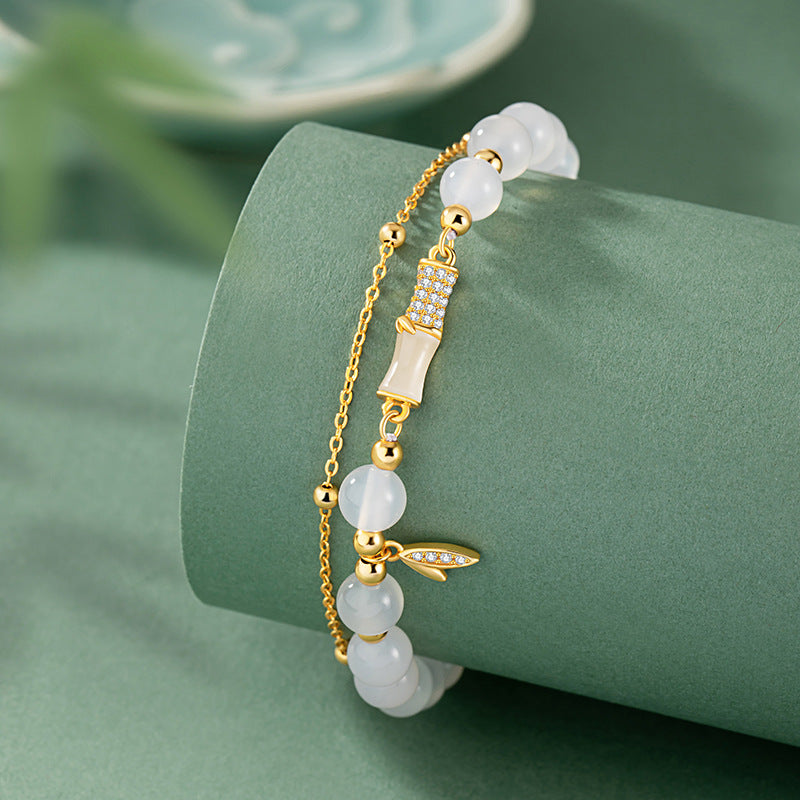 Hetian Jade Sterling Silver 925 Bracelet Women's Court Style High-Grade Bamboo Bracelet New Chinese Style Ins Style Chalcedony Bracelet