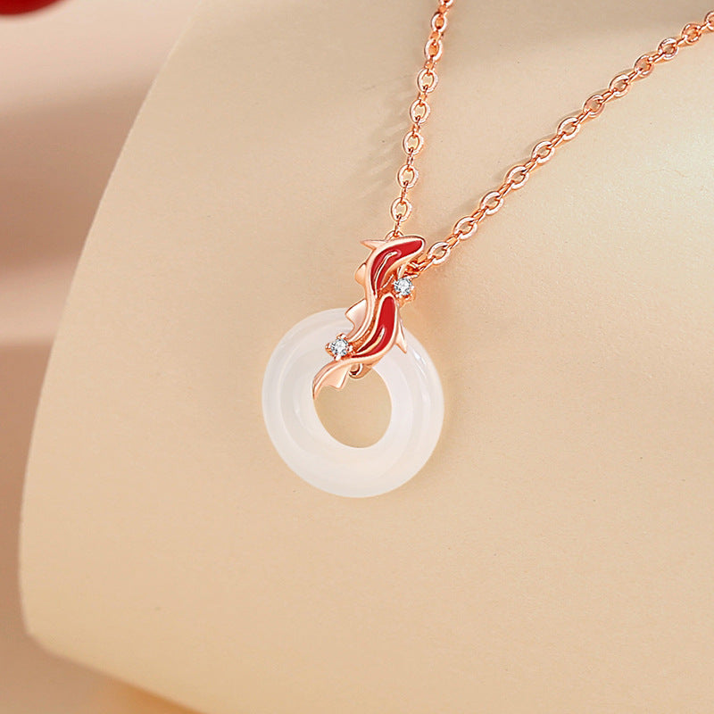 Koi Fish S925 Silver Chalcedony Necklace Female Niche Design Light Luxury Zircon Clavicle Chain Ins Safety Buckle Pendant