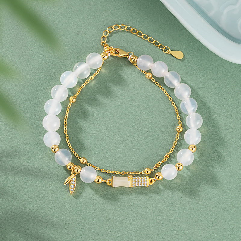 Hetian Jade Sterling Silver 925 Bracelet Women's Court Style High-Grade Bamboo Bracelet New Chinese Style Ins Style Chalcedony Bracelet