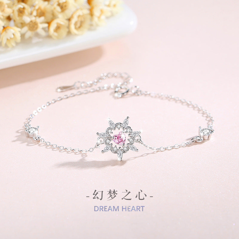 Lucky Sunflower Sterling Silver 925 Bracelet Female Niche Design Light Luxury Pink Zircon Ins Get Love Bracelet