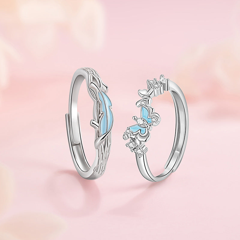 Yu You Accompany Sterling Silver 925 Luminous Couple Ring Light Luxury High-Grade Feather Ring Ins Style Butterfly Ring