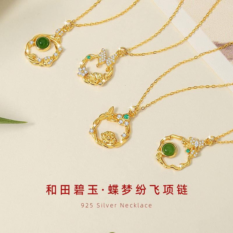 Original Butterfly Sterling Silver 925 Hetian Jasper Necklace New Chinese Flower Zircon Clavicle Chain Ins Style Flower Bud Pendant