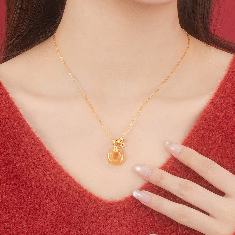 Fu Lu Double Full Sterling Silver 925 Necklace Women's Light Luxury Copper Coin Sugar Red Agate Clavicle Chain Ins Style Gourd Pendant