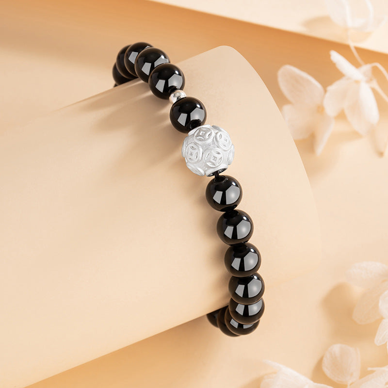 Copper Coin Sterling Silver 925 Bracelet New Chinese National Fashion Obsidian Lucky Beads Bracelet Light Luxury Little Red Book Same Bracelet