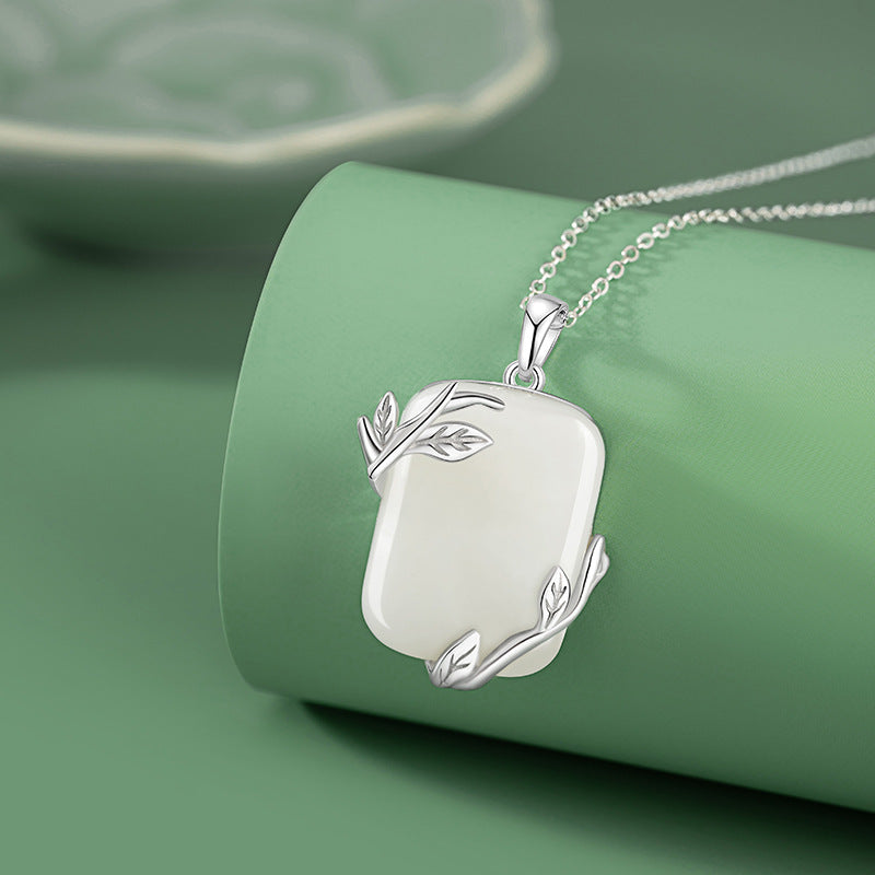 Flowers like Brocade Sterling Silver 925 Necklace Women's New Chinese National Fashion Hetian Jade Square Clavicle Chain Ins Style Branch Pendant
