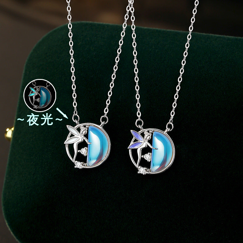 New Necklace S925 Sterling Silver Dreamy Whale Moonstone Enamel Craft Luminous Fishtail Lover Ring Gift Accessories
