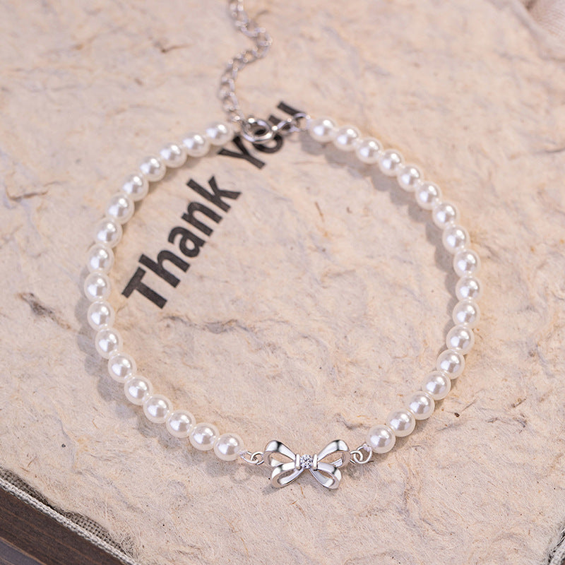 Bowknot Sterling Silver 925 Bracelet Female Niche Design Light Luxury Shijia Pearl Bracelet Ins Escape Princess Bracelet