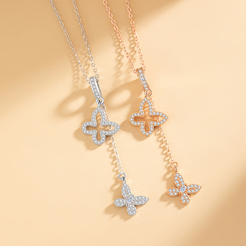 Butterfly Sterling Silver 925 Necklace Women's Simple Fashion Zircon Ring Clavicle Chain Ins Style Tassel Clover Pendant
