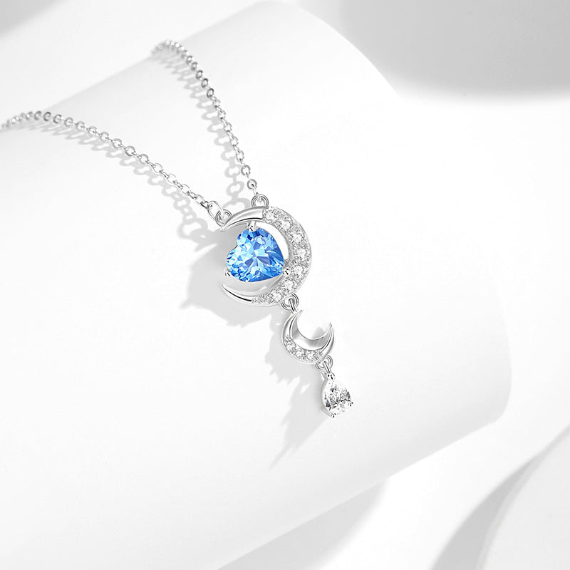 Moon Sterling Silver 925 Necklace Female Niche Design High-Grade Navy Blue Zircon Star Clavicle Chain Ins Love Pendant
