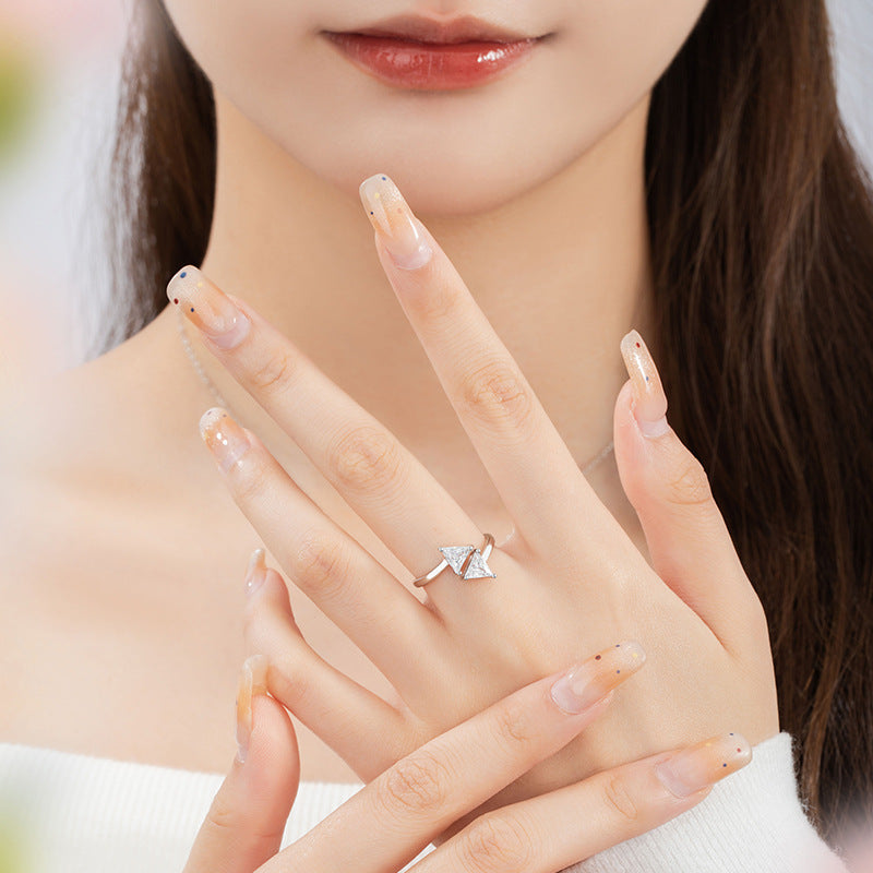 Bow Sterling Silver 925 Ring Women's Fashion Versatile Geometric Zircon Ring Ins Light Luxury Style Triangle Ring