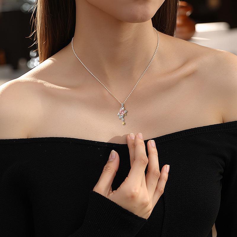 Princess Escape Bow S925 Sterling Silver Necklace Exquisite Brushed Craft Pink White Zircon Girl Style Gift Silver Jewelry