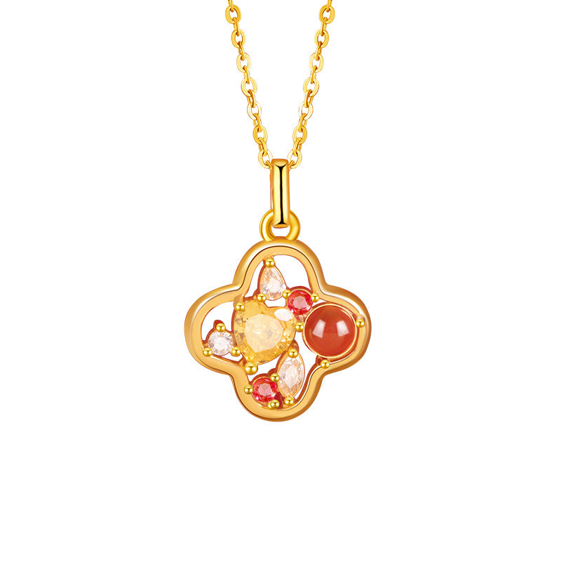 Original S925 Sterling Silver Clover Necklace Female Inlaid Red Agate Magic Color High Sense New Chinese Good Luck Clavicle Chain