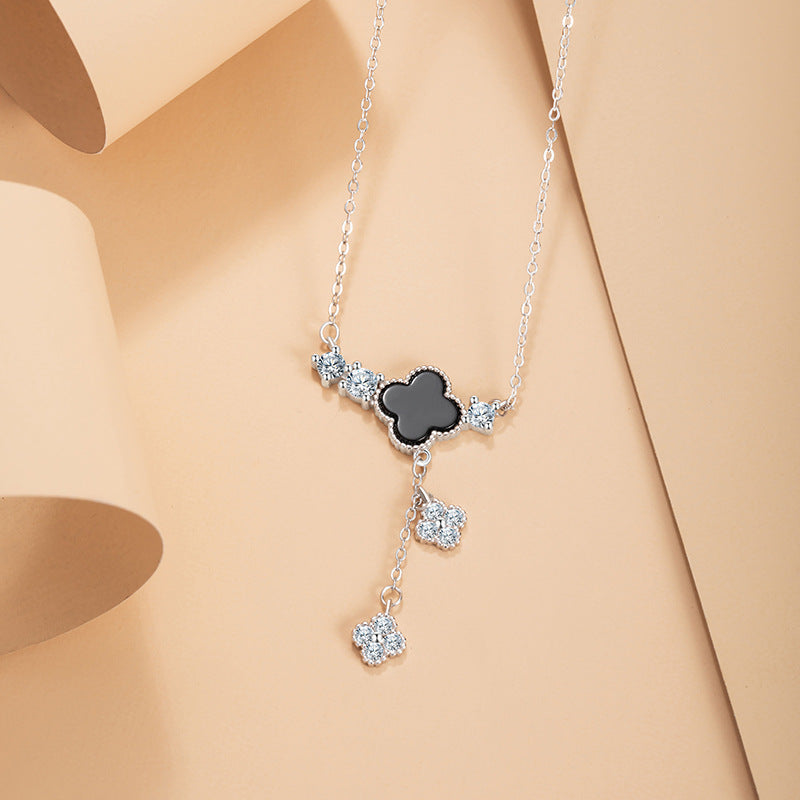 Lucky Clover Sterling Silver 925 Necklace Women's Fashion Versatile Black Agate Tassel Clavicle Chain Ins Flower Pendant