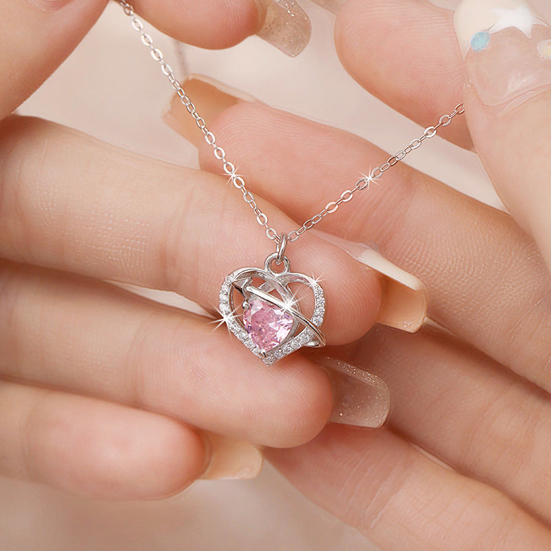 Women's Heart-Shaped Sterling Silver 925 Necklace, Fashionable All-Match Pink Zircon Clavicle Chain, INS Heart-Piercing Pendant