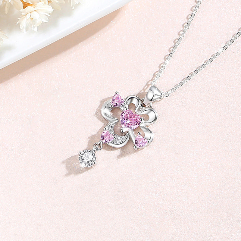 Flower Sterling Silver 925 Necklace Female Niche Design Light Luxury Tassel Clavicle Chain Get Things Ins Pink Love Pendant