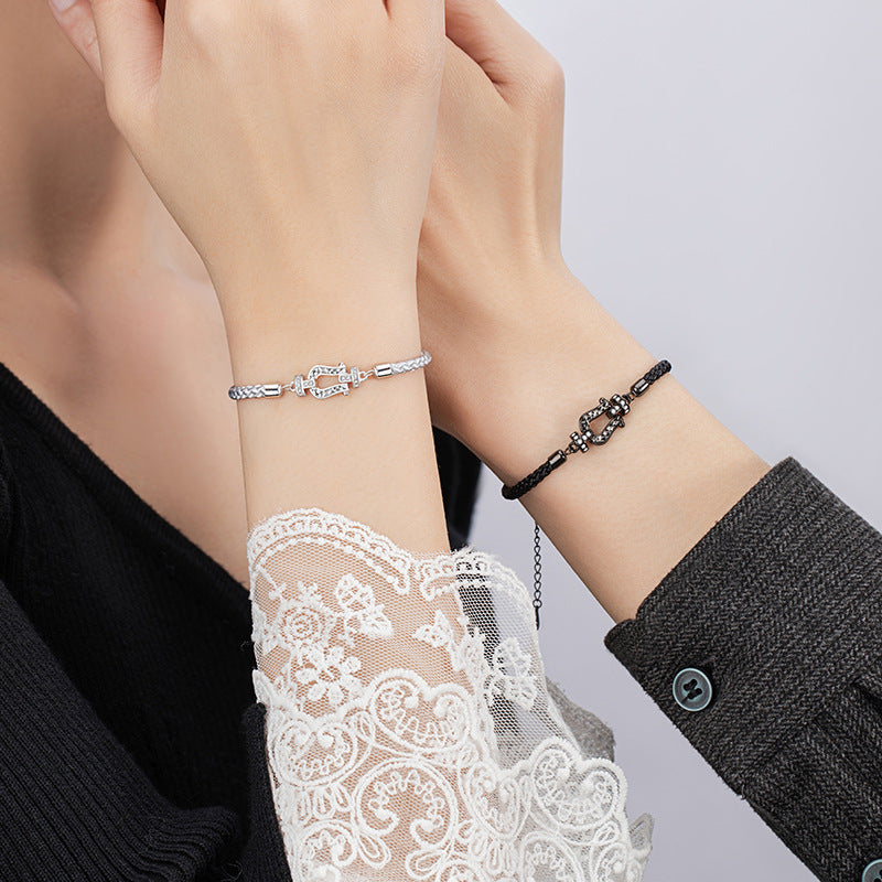 Horseshoe Buckle Sterling Silver 925 Couple Bracelet Niche Design Light Luxury Navigation Buckle Zircon Bracelet Ins Double Ring Bracelet