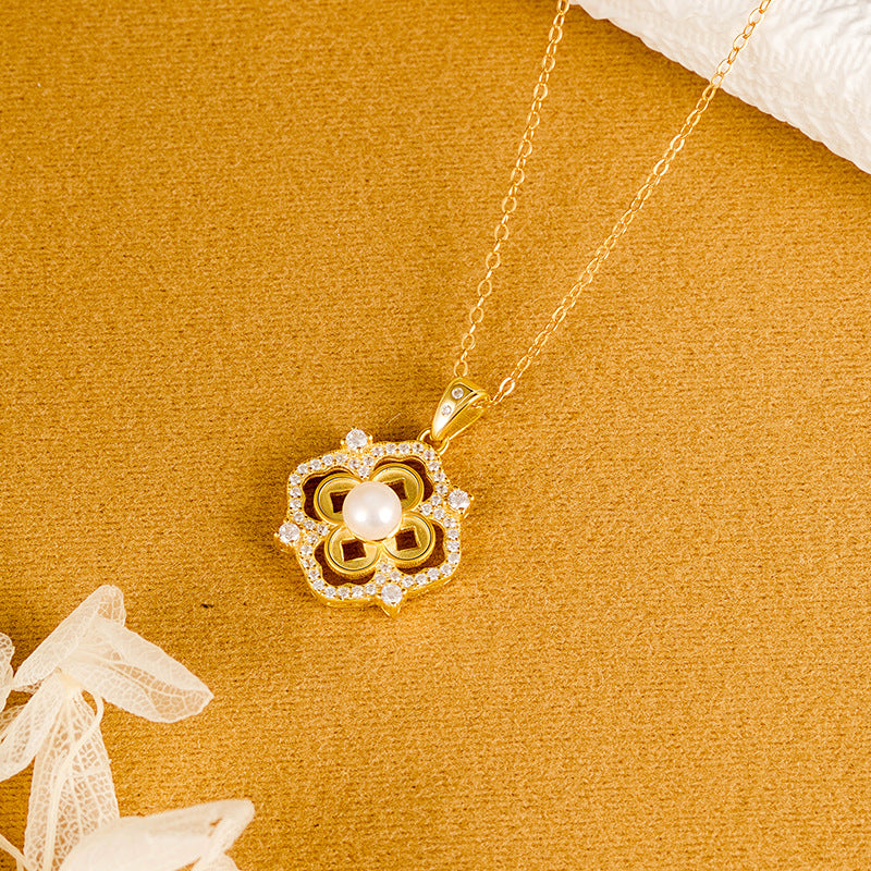 Collana in argento sterling 925 – foglia e dettaglio perlato