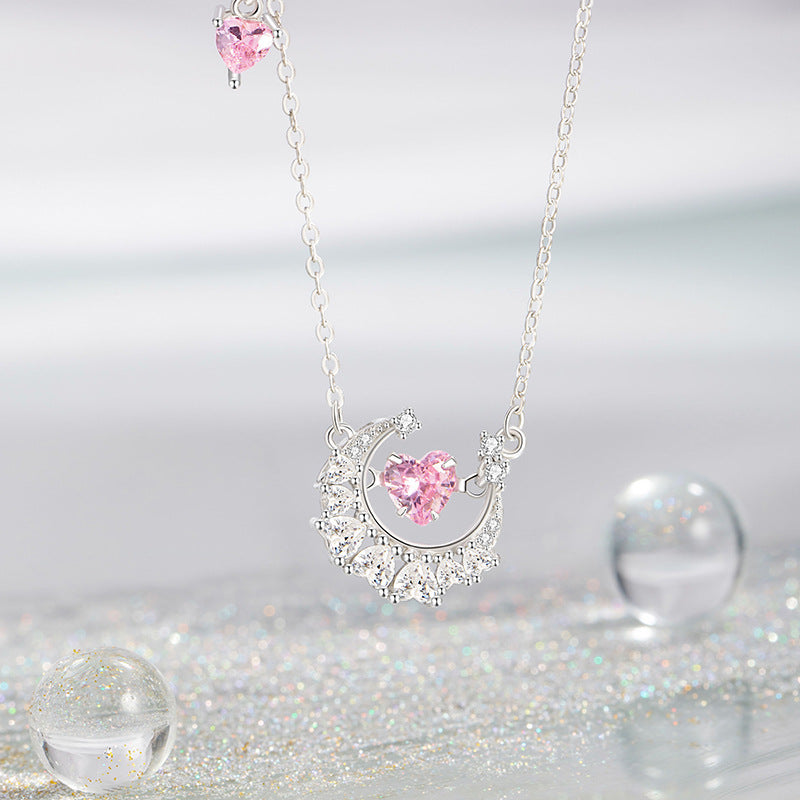 Lovely Sterling Silver 925 Necklace Female Niche Design Light Luxury Moon Zircon Clavicle Chain Ins Style Star Pendant