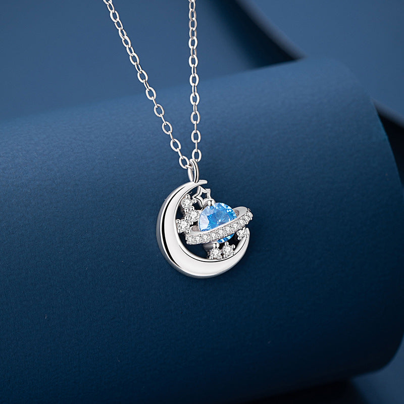 Romantic Planet Sterling Silver 925 Necklace Women's Fashion All-Match Star River Clavicle Chain Ins Style Star Moon Pendant
