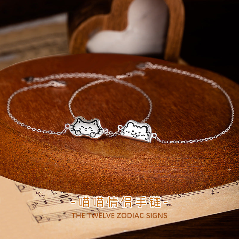 S925 Sterling Silver Hand-Painted Cat Couple Bracelet Niche Design Adjustable Ins Style Bracelet Boys and Girls Style