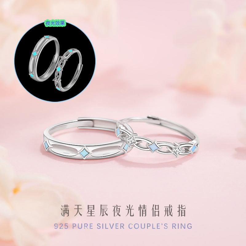 Romantic Star River Sterling Silver 925 Luminous Couple Ring Light Luxury High-Grade Star Ring Ins Wind Star Ring