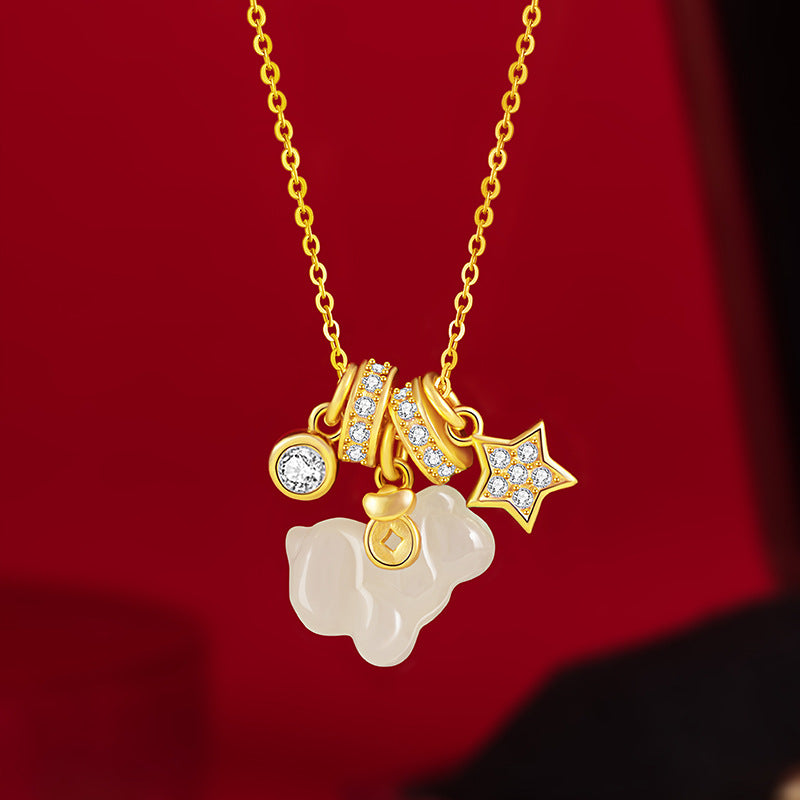 Collana in argento sterling 925 – fiore e stella e giada Hetian