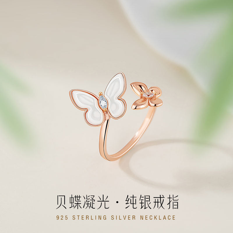 Butterfly Sterling Silver 925 Ring Female Niche Design Light Luxury White Fritillary Ring Ins Style Valentine's Day Gift Pair Ring
