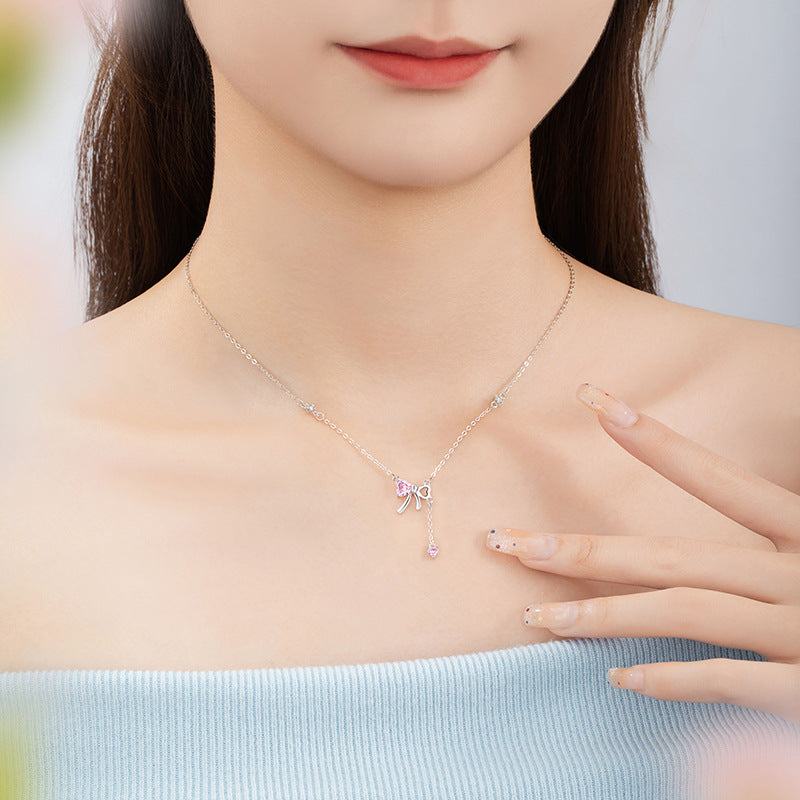 Bow Sterling Silver 925 Necklace Female Cute Sweet Style Pink Zircon Clavicle Chain Ins High-Grade Love Pendant