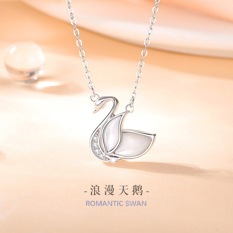 Swan Sterling Silver 925 Necklace for Women, Niche Design, Light Luxury Zircon Clavicle Chain, INS Style White Fritillary Pendant