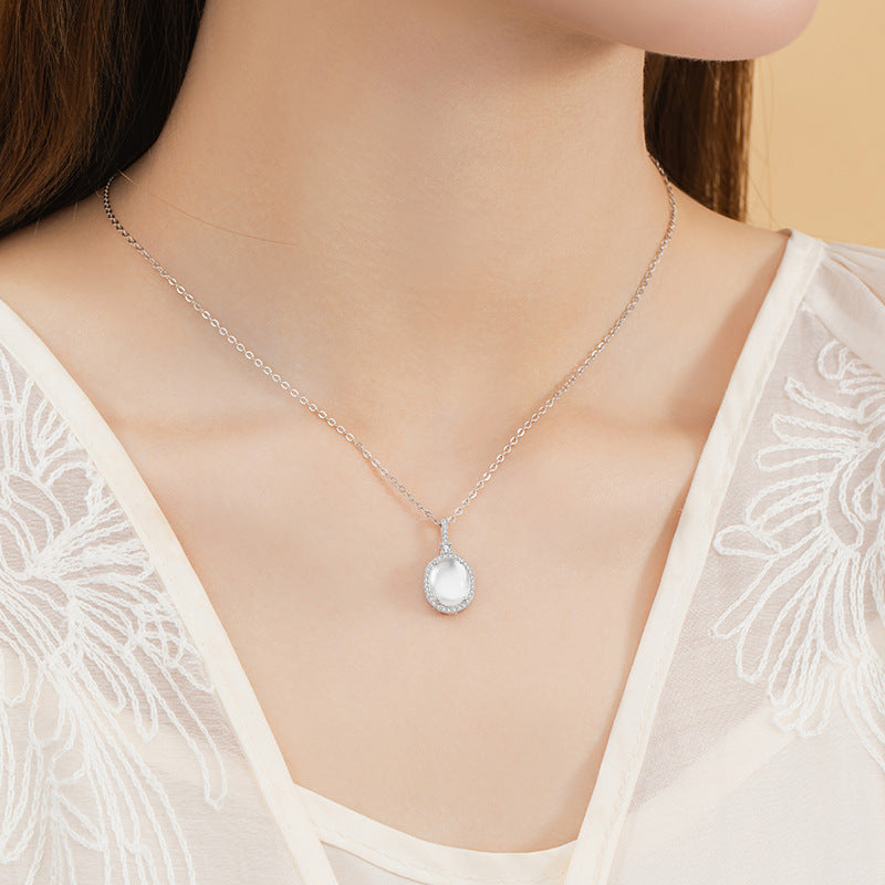 Natural Water Foam Jade Sterling Silver 925 Necklace Women's Light Luxury High-Grade Oval Zircon Clavicle Chain Mother's Day Pendant
