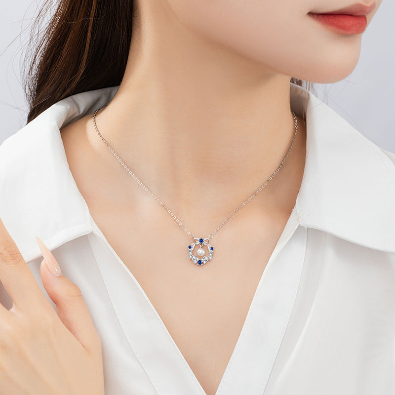 Bowknot Sterling Silver 925 Necklace Female Niche Design Light Luxury Pearl Bell Clavicle Chain Ins Style Garland Pendant