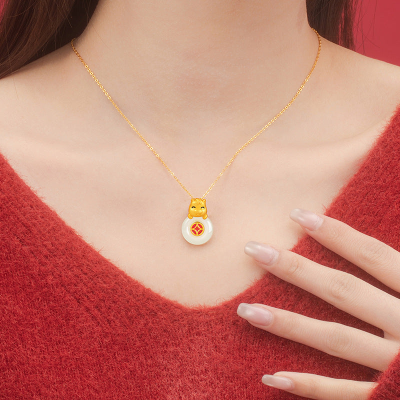 Immediately Rich Sterling Silver 925 Necklace Women's Light Luxury Hetian Jade Birth Year Clavicle Chain Zodiac Horse Safety Buckle Pendant