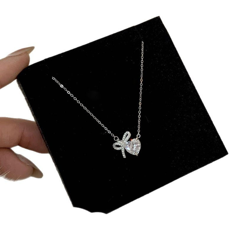 Bow 999 Pure Silver Necklace Female Cute Sweet Style Lovely Clavicle Chain Little Red Book Style Princess Pendant