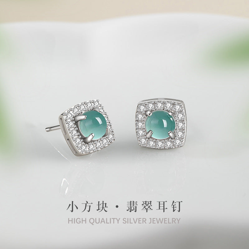 Square Sugar Sterling Silver 925 Stud Earrings Women's New Chinese Style National Fashion Natural Blue Water Dangerous Material Jade Stud Earrings Ins Style Square Earrings