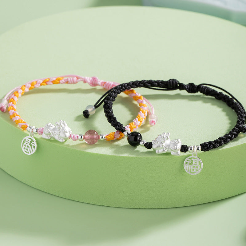 Pure Silver 999 Couple Bracelet New Chinese Style National Fashion Strawberry Crystal Lucky Bracelet Ins Style Lucky Beads Bracelet