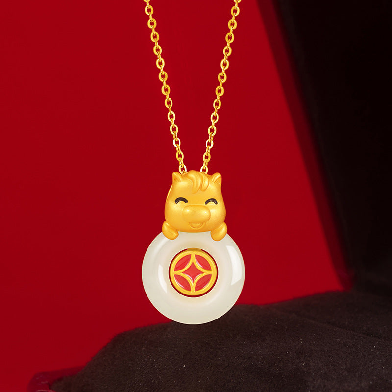 Immediately Rich Sterling Silver 925 Necklace Women's Light Luxury Hetian Jade Birth Year Clavicle Chain Zodiac Horse Safety Buckle Pendant
