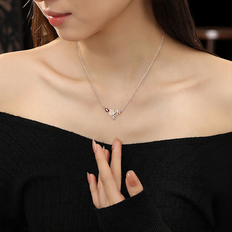 S925 Sterling Silver Necklace Female Magic Color Fritillary Rose Red Zircon Clavicle Chain High-Grade Gift for Girlfriend Girlfriend Female
