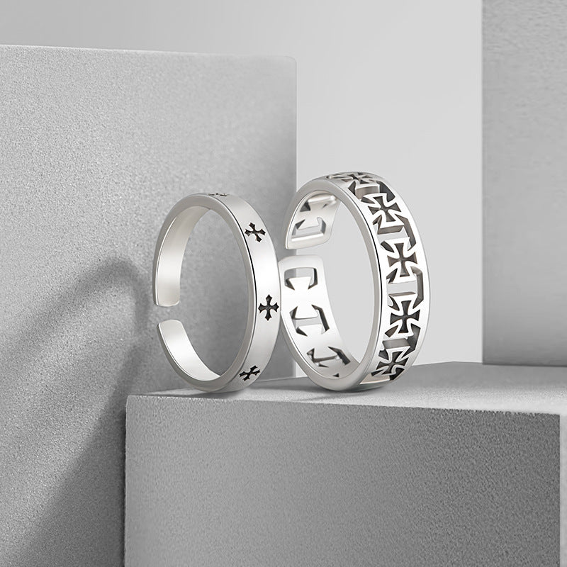 Cross Sterling Silver 925 Couple Ring Men and Women Niche Design Light Luxury Star Ring Ins Valentine's Day Ring