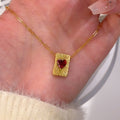 Square Heart-Shaped Sterling Silver 925 Necklace Women's Antique Texture Red Zircon Clavicle Chain Ins Light Luxury High-End Pendant