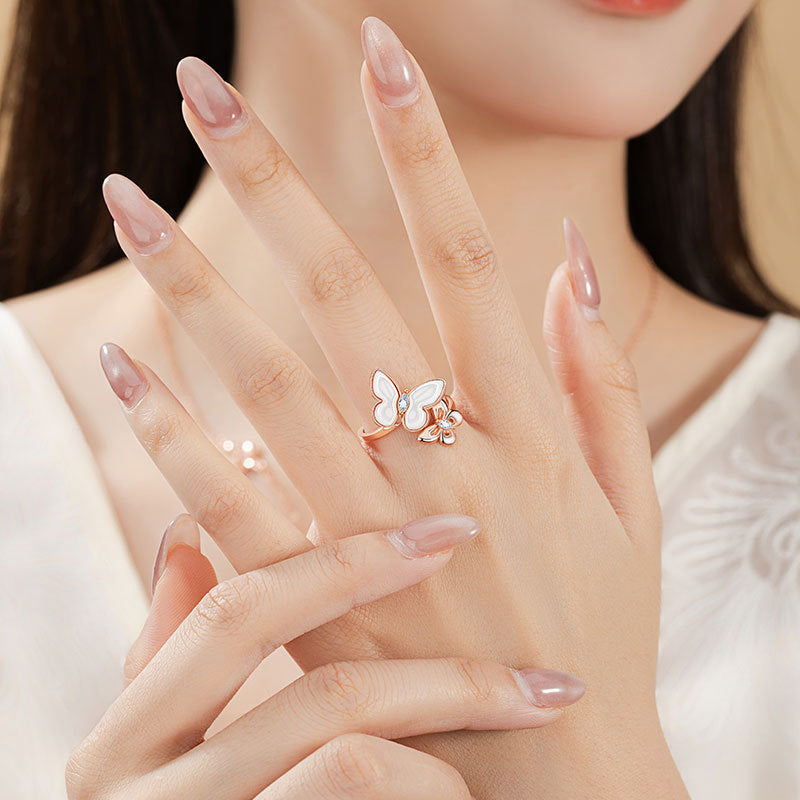 Butterfly Sterling Silver 925 Ring Female Niche Design Light Luxury White Fritillary Ring Ins Style Valentine's Day Gift Pair Ring