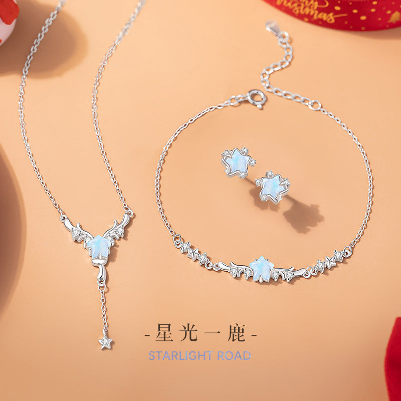Antler Sterling Silver 925 Necklace Women's Fashion Versatile Tassel Star Clavicle Chain Christmas Ins Style Elk Pendant