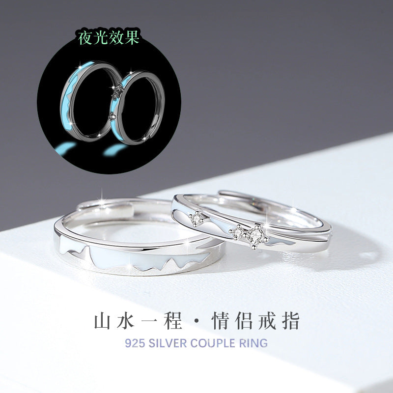Love Oath Luminous Sterling Silver 925 Couple Ring Men and Women Fashion All-Match Zircon Ring Qixi Ins Pair Ring