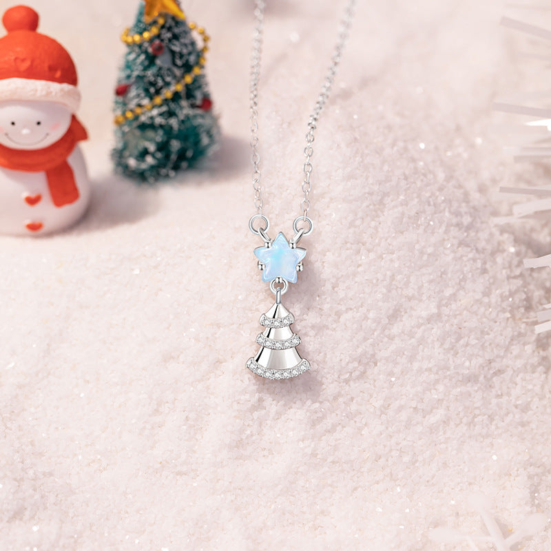 Christmas Tree Sterling Silver 925 Necklace Female Niche Design Light Luxury Glass Stone Clavicle Chain Ins Style Star Pendant