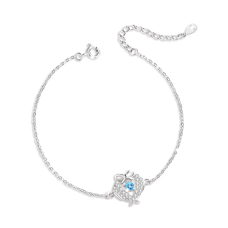 Lovely Sterling Silver 925 Bracelet Female Niche Design Light Luxury Blue Zircon Bracelet for Girls Ins Bow Bracelet