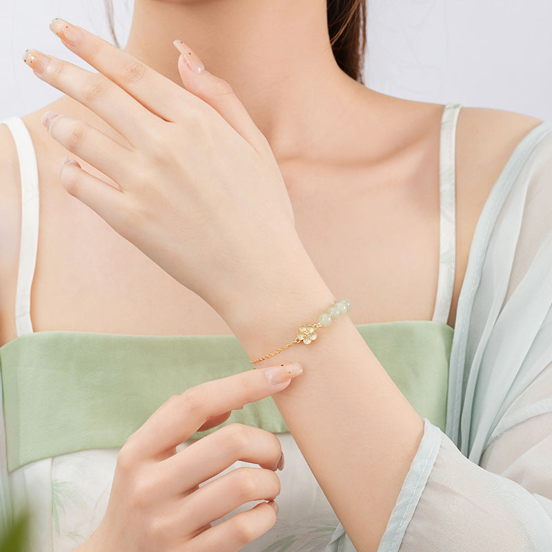 Peach Blossom Sterling Silver 925 Hetian Jade Bracelet Female New Chinese National Fashion Cherry Blossom Bracelet Ins Style Flower Bracelet