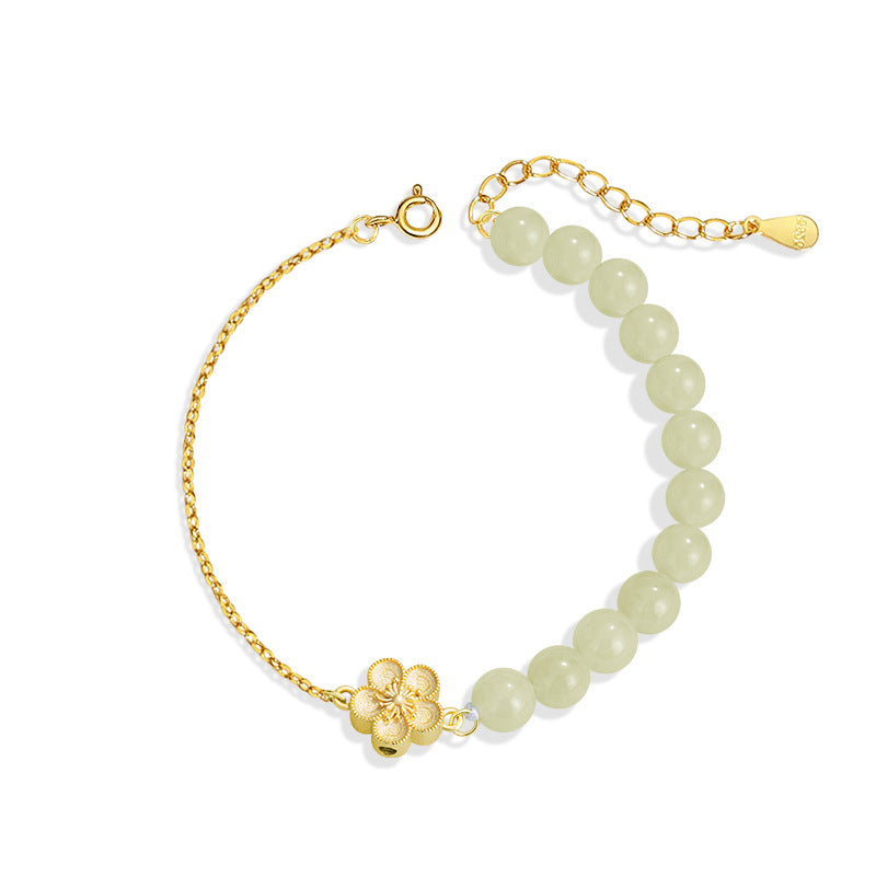 Peach Blossom Sterling Silver 925 Hetian Jade Bracelet Female New Chinese National Fashion Cherry Blossom Bracelet Ins Style Flower Bracelet