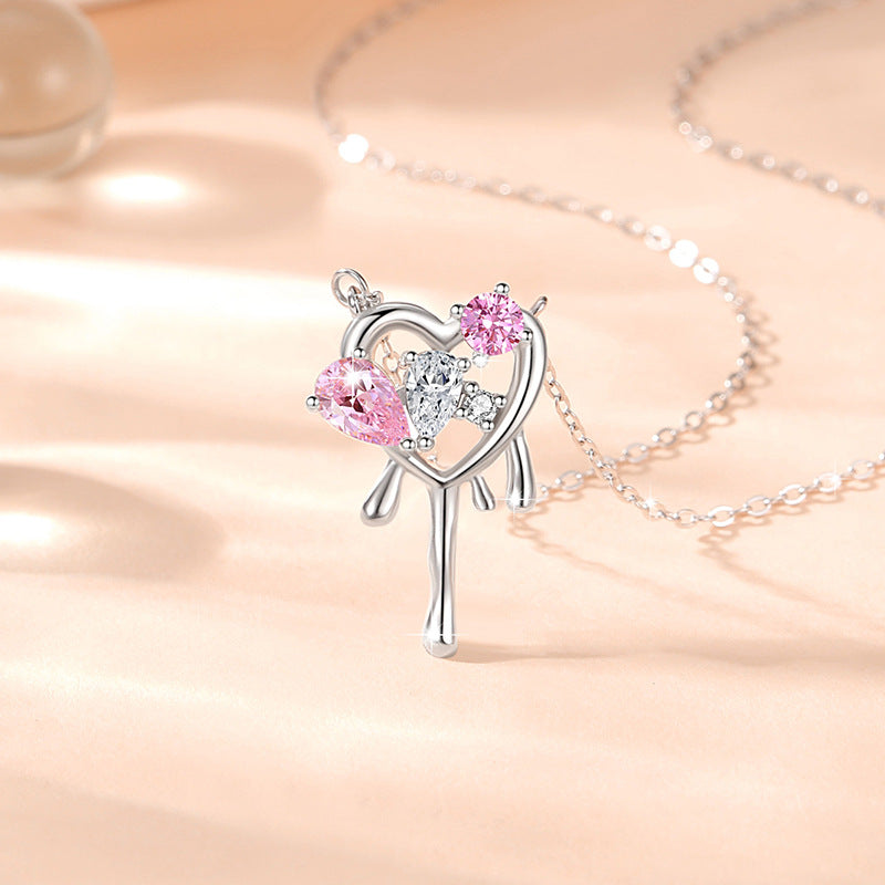 Lovely Sterling Silver 925 Necklace Women's Fashion All-Match Pink Diamond Clavicle Chain Valentine's Day Gift Key Zircon Pendant